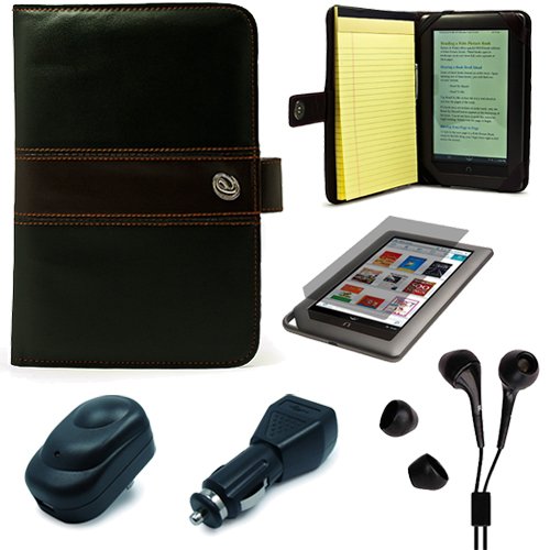 Black with Brown Executive Melrose Leather Protective Case Cover for Barnes and Noble Nook Color Wireless Reading Device Wi-Fi 7 inch LCD Display Screen + Clear Screen Protector for Barnes and Noble Nook Color + USB Travel Wall Charger + USB Car Charger + Black Hifi Noise Reducing Headphones / Earbuds