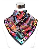 Satin Multicolored Cartoon Cat Print on Black - Silk Bandana 21 x 21