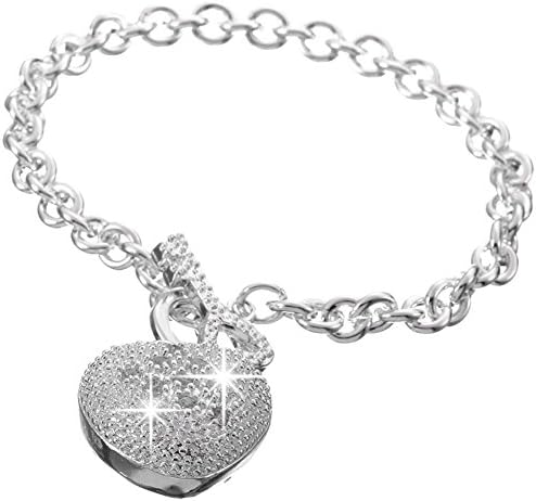 XINMAY Women 925 Sterling Silver Plated Love Heart Pendant Bangle Bracelet