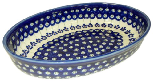 Teresa Beach Polish Pottery Small Oval Baker (10.5 inch X 7 inch) with Floral Peacock pattern