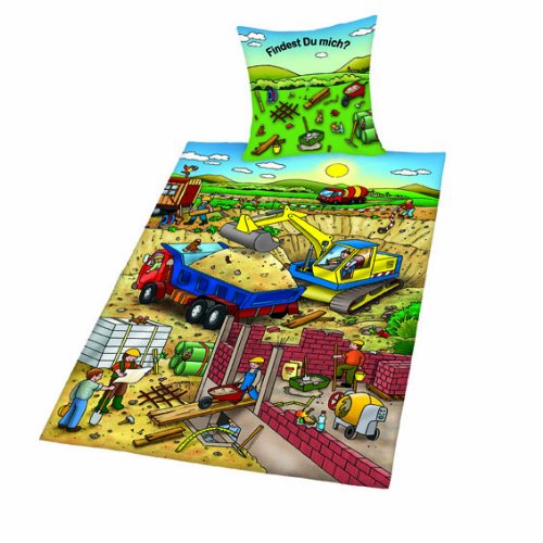 Herding 445175050 Bettw&auml;sche Such mich Baustelle 80 x 80 cm + 135/200 cm / Linon