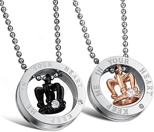 IDOLCO Stainless Steel Engraved His &amp; Hers Matching Set Crown Relationship Pendant Necklaces for Couples