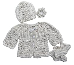 Handmade Pure Cotton Newborn Baby Sweater, Hat and Booties Set - Natural (100...