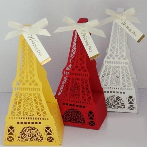 10 PCs Laser Cut Eiffel Tower French Theme Wedding Favour, Box Party Candy Boxes (Gold)