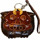 Handmade Leather Wristlet Purse, Dark Brown Bull Face Cover, Zipper Closure, Unique Designs.