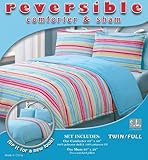 IMAGE OF 2 Pieces Multi Color Stripe Reversible Solid Blue Comforter and Sham Set Twin or Full Size Bedding
