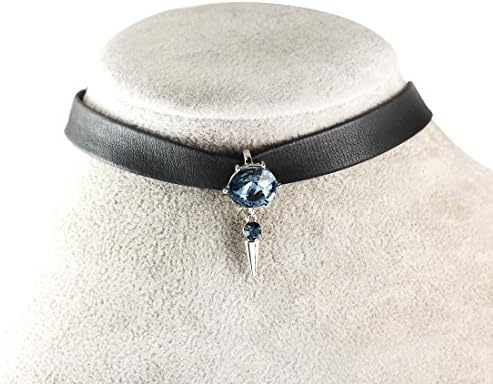 FANCY COLLECTION Black Faux Leather Blue Swarovski Crystal Spike Choker Necklace