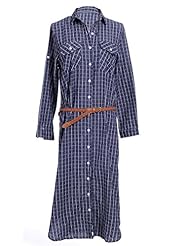 Long Sleeves Belted Faux-Leather Checkered Print  Shirt Maxi Dress 