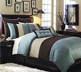 8 PIECE LUXURY OVERSIZED COMFORTER SET / BED IN BAG - CHOCHOLATE BROWN / BLUE - KING SIZE BEDDING