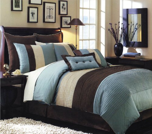 8 PIECE LUXURY OVERSIZED COMFORTER SET / BED IN BAG - CHOCHOLATE BROWN / BLUE QUEEN SIZE BEDDING