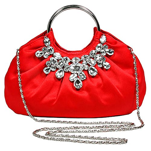RED SATIN JEWELED METAL RING EVENING BAG RED SATIN JEWELED METAL RING EVENING BAG