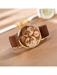 Promithi Women Mens Hours Clock Point Wrist Watch With Continental Map (brown)