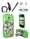 4 Items Combo For ZTE Grand X3 Z959 [Shoparound168] Green Hawaiian Flowers Hybrid Dual Layer Case w/ Built in Kickstand + Car Charger + Free Stylus Pen + Free 3.5mm Earphone
