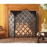 Old World Iron Triple Fireplace Screen Spanish Inspired Antique Bronze Finish w/ Stud & Scalloped Top