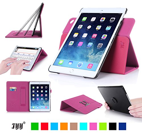 iPad Air 2 Case Cover, FYY Detachable Rotating Leather Case Smart Cover with Velcro Hand Strap and Card Slots for iPad Air 2 Magenta (With Auto Wake/Sleep Feature)