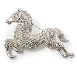 Clear Crystal Galloping Horse Brooch (Silver Tone)