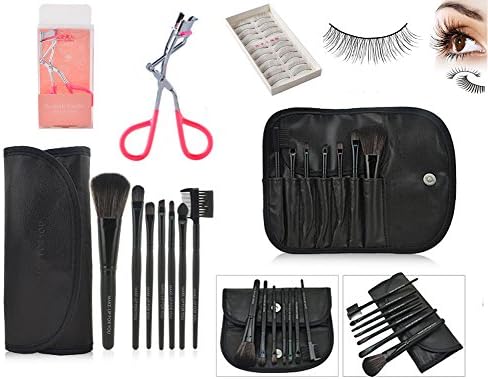 Makeup Brush Set Professional 7 Pieces Makeup Brushes Cosmetic Makeup Tool Set with 10 Pairs of False Eyelashes and a Pink Eyelash Curler - All-in-one Make up Tools (Black)