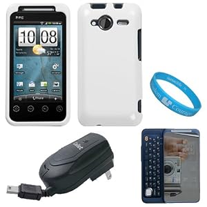 White Durable Protective Rubberized 2 Piece Crystal Hard Case Cover for Sprint HTC EVO Shift 4G Android Smartphone + Clear Screen Protector + Black Retractable Travel Wall Charger with IC Chip + SumacLife TM Wisdom Courage Wristband