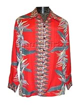 Hot Sale Long Sleeve Shirt - Bird of Paradise Panel Kamehameha Retro Style Men's Hawaiian Aloha Vintage Rayon Dress Shirt in Red - 2X