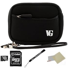 BLACK WITH BLACK TRIM Neoprene Protective Durable Mini Glove Pouch For Sony Bloggie Duo / 3D / Touch Point And Shoot Digital Camera + Includes a 16GB Micro SD Card with SD Adaptor + Includes a Universal Anti-Glare Screen Protector Guard + Includes an eBigValue TM Determination Hand Strap