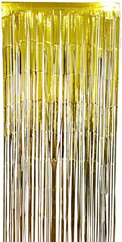 Gold Tinsel Foil Curtain, Self Adhesive, 3' x 8', No Tape, Nails, or Pins Needed - Metallic Gold