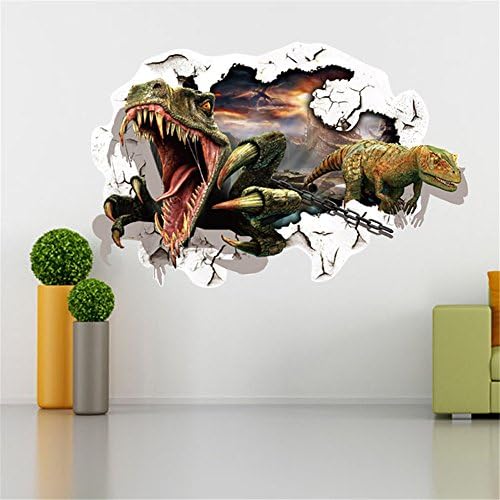 Sucis 3D Double Ferocious Dinosaurs coming through the breaking wall Unique Removable Mural Wall Stickers Wall Decal for Home Decor