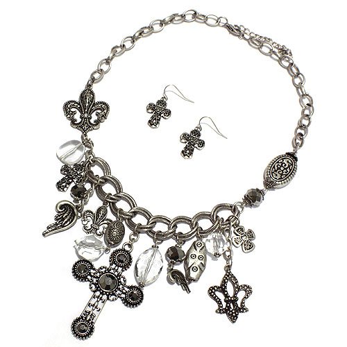 Fashion Cross and Wing Charms Necklace Set Burnished Silver metal with Clear Rhinestones, Black and Hematite Stones