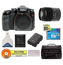 Sony Alpha A100K 10.2MP Digital SLR Camera Kit with 18-70mm f3.5-5.6 Lens + Transcend 1GB 80X CompactFlash Card + USB Card Reader + Spare Replacement Battery for Sony NP-FM55H + Deluxe SLR Gadget Bag