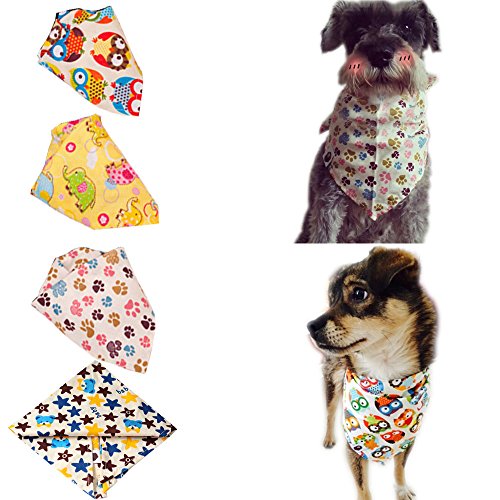 Bro'Bear 4 Pcs Pet Bandana for Cats & Small to Medium Dogs Triangle Neckerchief (Style C--Owl+Elephant+Bear+Pawprint)