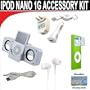 8 pc. Accessory kit for iPod Nano 1g. Includes White portable stereo speaker w/cable 3-in-1 iPod charging kit (1000mAH) White Mini soft Earbuds Reusable Pre-Cut Screen Protector and a DBROTH Microfiber Cleaning Cloth