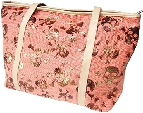 Salmon Pink Skull Print Women's Linen Open-top Boat and Tote Bag