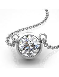 14KT White Gold Full Bezel Set 1 1/2ctw Round Diamond Solitaire Pendant suspended on 18 Cable Chain 1 1/2 CTW