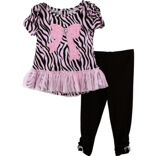 Young Hearts Little Girls' 2 Piece Zebra Print with Bow Shirt and Pant