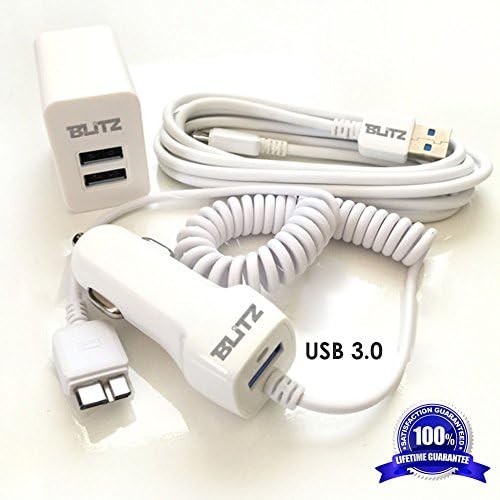 Blitz Element Home &amp; Travel Charger Bundle (#2) for Samsung Galaxy S5 / Note III 3 Includes: (1) Retractable Coil Dual Port Car Charger (1) 6 ft USB 3.0 Charger Cable (1) USB Power Adapter Wall Charger 10W