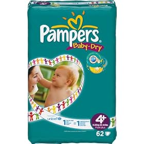 Pampers Baby-Dry Size 4+ (20-44 lbs/9-20 kg) Nappies - 2 x Packs of 62 (124 Nappies)