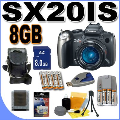 Canon PowerShot SX20IS 12.1MP Digital Camera w/ 20x Optical IS Zoom 8GB BigVALUEInc Accessory Saver NiMH Bundle