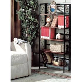 5 Tier Black Walnut Wood and Black Metal Folding Bookcase