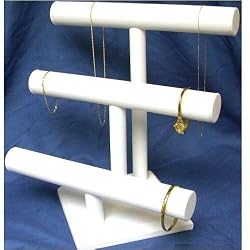 3 Tier White Leather T-Bar Bracelet & Necklace Jewelry Display Stands