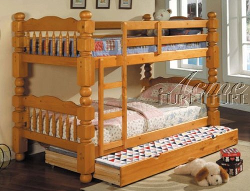 Twin Size Bunk Bed with Trundle Bed Honey Oak Finish