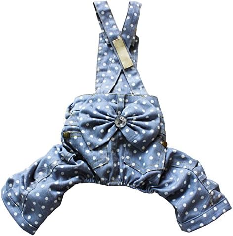 ESINGYO Cotton Denim Overalls Jeans Pants, for Small Dog Cat Puppy under 20 pounds, Blue Dots L