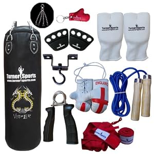 Vinyl Punch Bags Black Set 3 Foot With Free Chrome Plated Chain, Bag Mitts, Heavy Dute Metal Ceiling Hook, Nylon Skipping Rope Blue, Knuckle Guard Fist Protector Boxing Glove UK Flagged Miniature And Novelty, Boxing Gloves Key Chain Red And Red Hand Wraps
