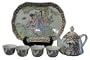 Chinese miniature tea set - 4 teacups, teapot, and tray - oriental courtship design, hand painted porcelain