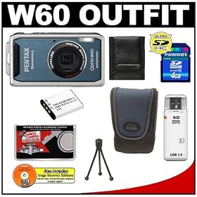Pentax Optio W60 Waterproof Digital Camera - (Ocean Blue) + Spare D-LI78 Battery + 4GB SDHC Card + Precision Design Accessory Kit