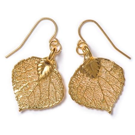 Real Aspen Lace Leaf Dangle Earrings - Gold
