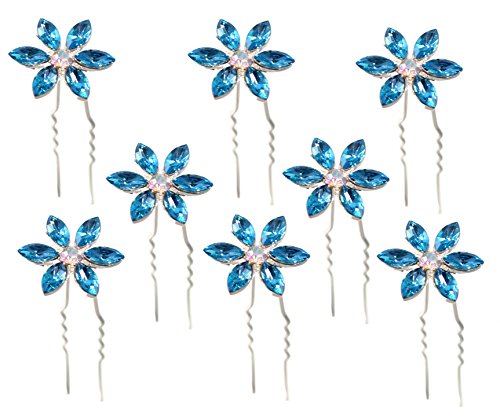 Blue Crystal Hair Pins Flower Bridal Wedding Hair Accessory Rhinestone Center (Set of 8)
