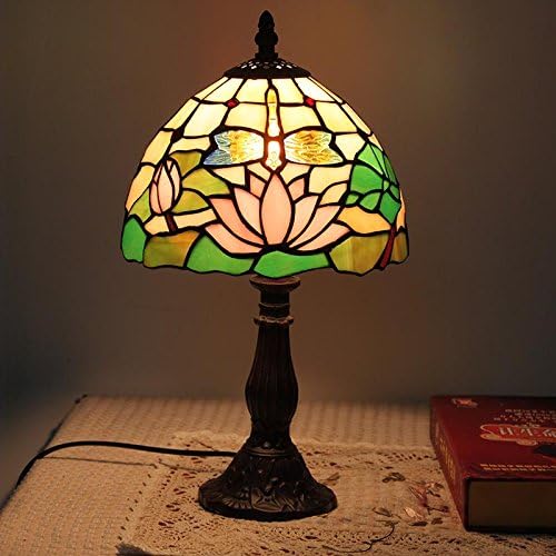 Gweat Tiffany 8-Inch Continental rural bedroom bedside lamp, lotus dragonfly table lamps