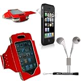 Extreme Sports Exercise Stretchy Red Armband with 8 Secure Adjustable Sizes from 11 inches up to 19 for Apple iPhone 4 , 4th Generation, 4th Gen compatible with 16GB / 32GB - HD Print + 4-inch eBigValue (TM) Determination Hand Strap Key Chain + Includes a Apple iPhone 4 INVISIBLE FULL BODY / SCREEN PROTECTOR Anti Glare Screen Protector Guard, Protects the Front and Back of your iPhone!! + Includes a Crystal Clear High Quality HD Noise Filter Earbuds Earphones Headphones 3.5mm Jack