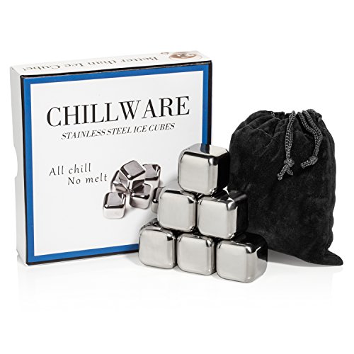 CHILLWARE Stainless Steel Ice Cubes-Chill your Drink in Style without Dilution-set of 6 Reusable Whiskey-Wine Beverage Coolers with Carrying Pouch and Classic Gift Box