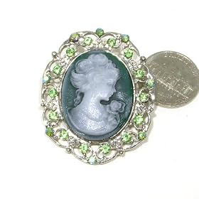 Green Olivine Color Austrian Rhinestone Lady Maiden Cameo Silver-Tone Brooch Pin