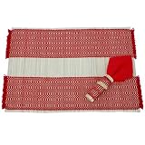Set of 2 Handmade Natural Bamboo Weave And Red Cotton Place Mats, Napkins And Napkin Holders